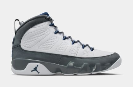Air Jordan 9 Retro Flint Grey and French Blue Mens Lifestyle Shoes (White/French Blue/Flint Grey)