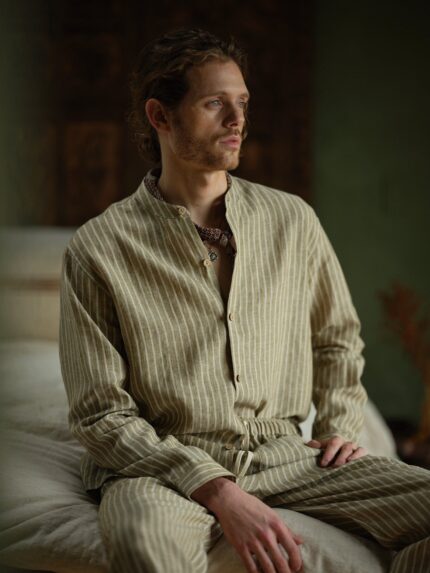 Men's Striped Monty Mandarin in Linen - Final Sale